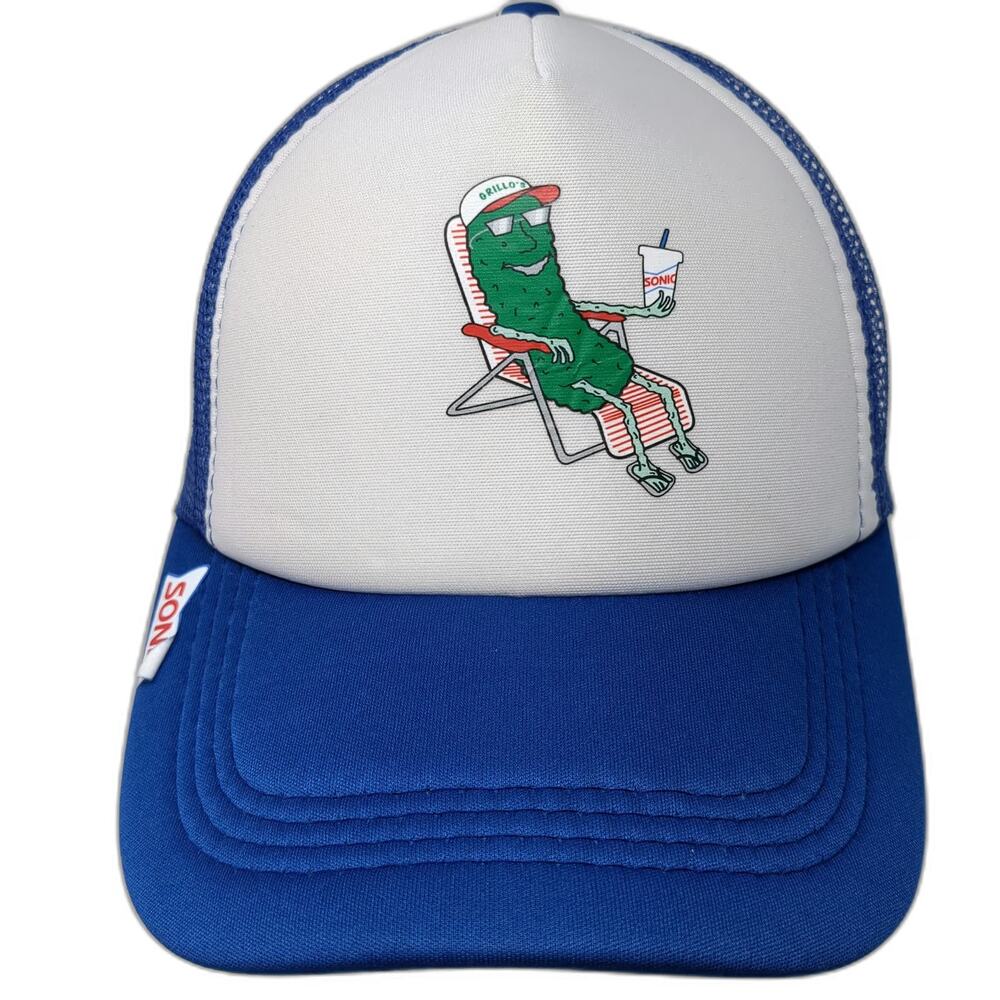 Sonic Grillo's Pickles Trucker Hat Blue One Size Snapback Mesh Foam Graphic
